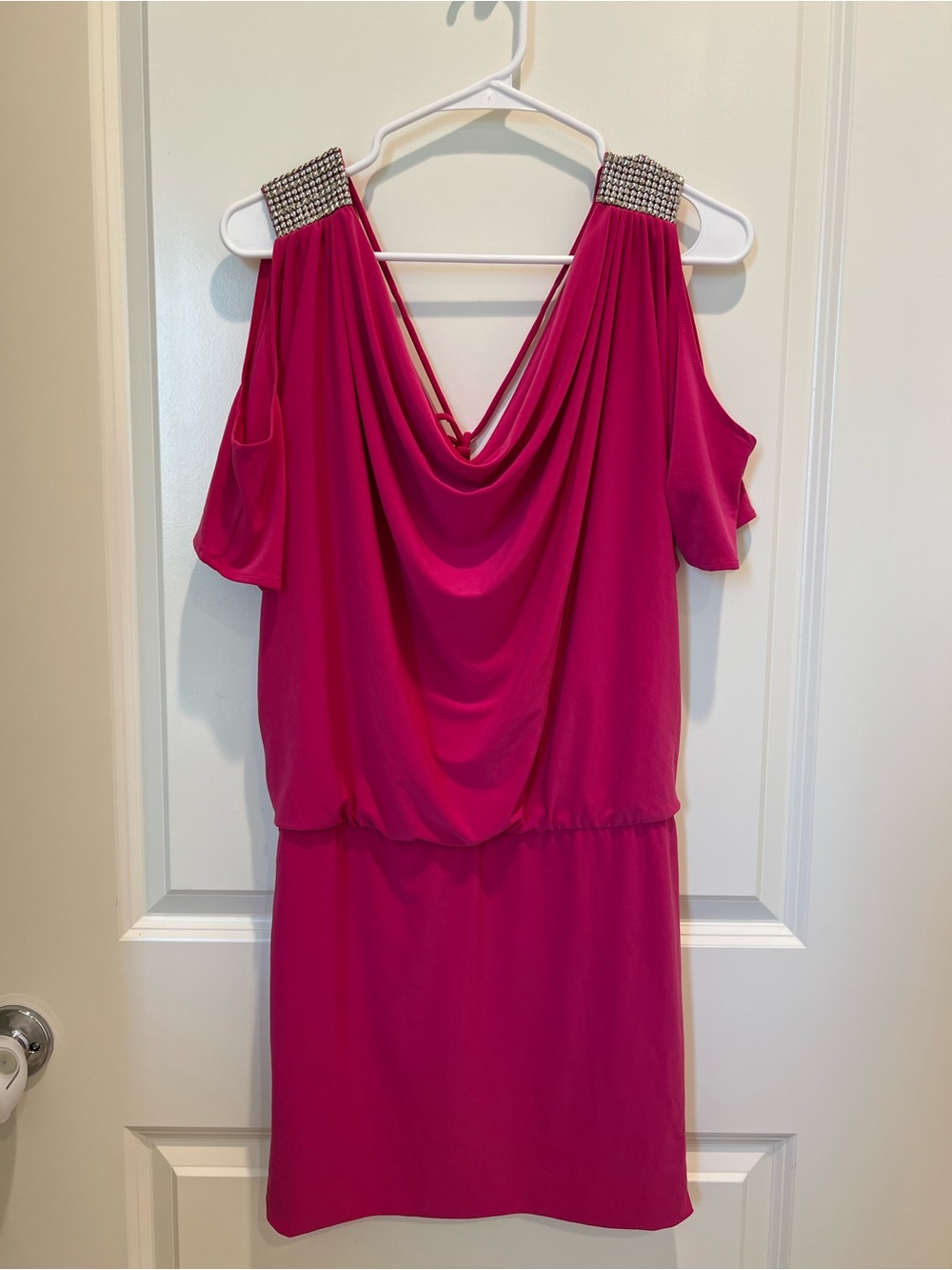 Women's Fuchsia Cold-Shoulder Dress with Embellished Straps